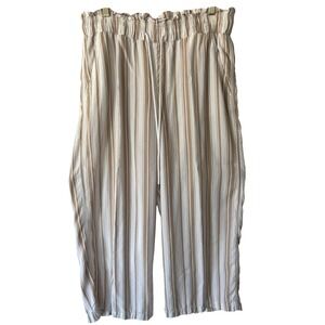 Loft Pants Women Med Tan White Striped Paperbag Waist Cropped Casual